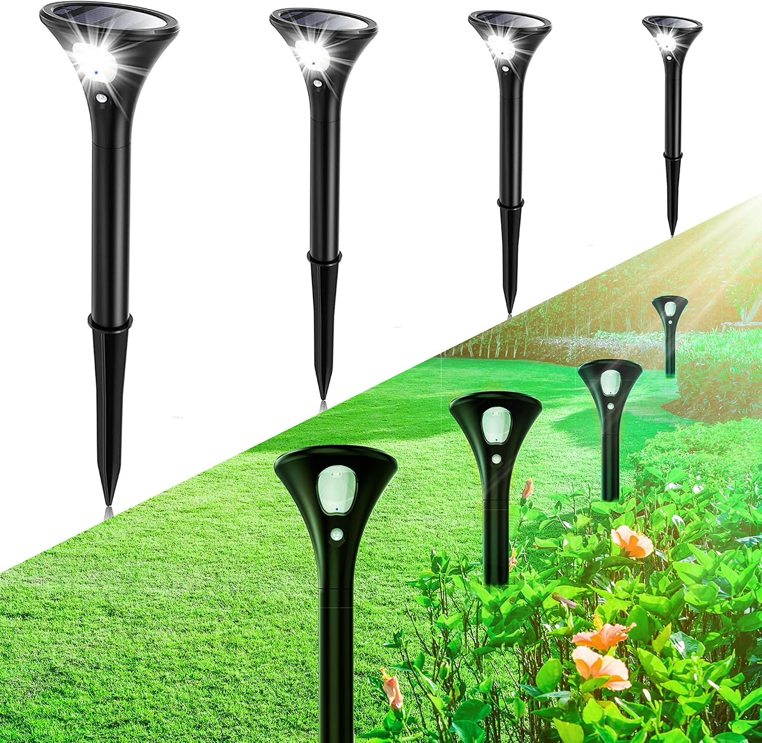 Solar-gartenleuchte Mit Led-beleuchtung Und Bewegungsmelder, 4er-pack Ip65 Wasserdicht, 2 Leuchtmodi (hell/dunkel), 1500-mah-akku (bis Zu 120 Stunden Leuchtdauer), Einfache Kabellose Installation Für