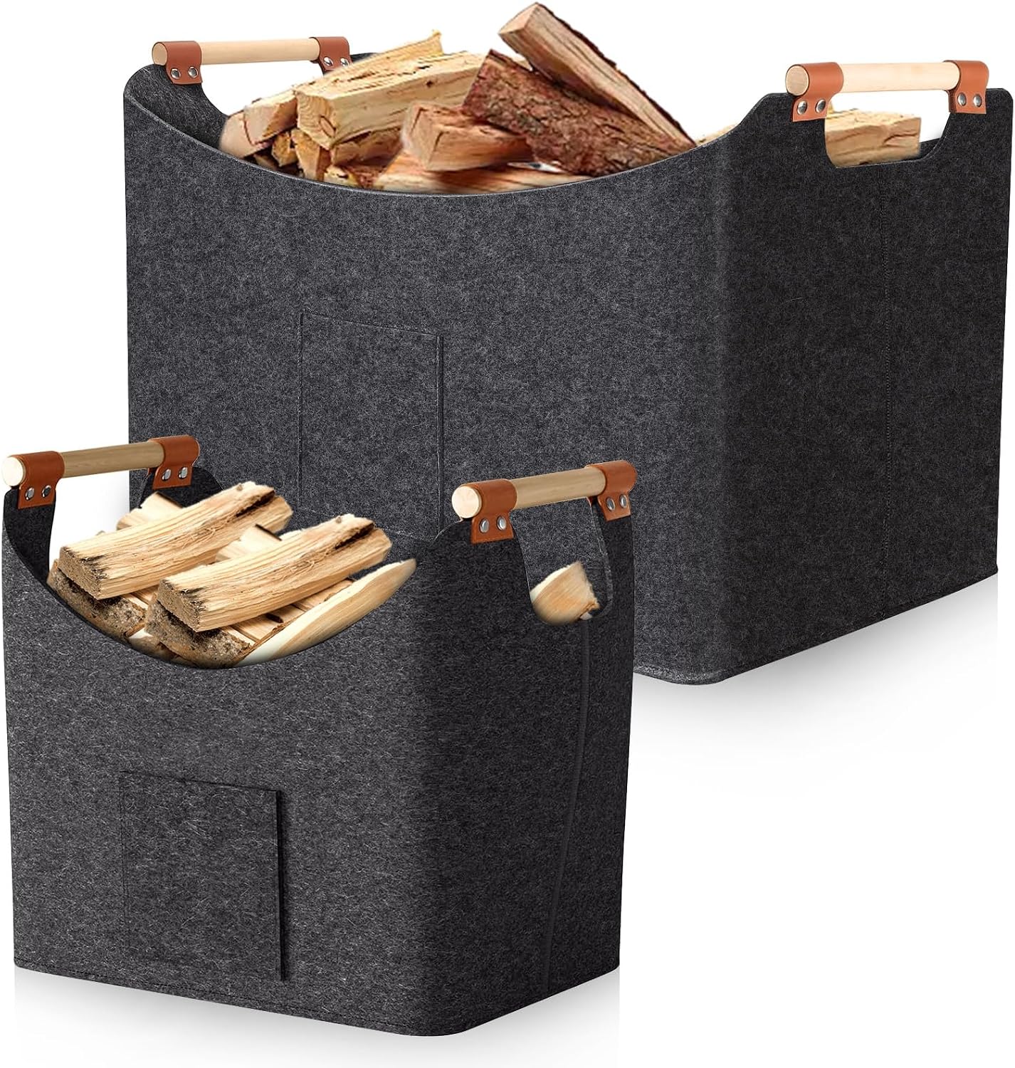 Brennholzkorb, 2 Stück, 67 L & 96 L – Filzkorb Mit Griffen, 50×32×40 Cm & 60×40×40 Cm, Faltbare Tasche Für Holzscheite, Spielzeug Oder Decken