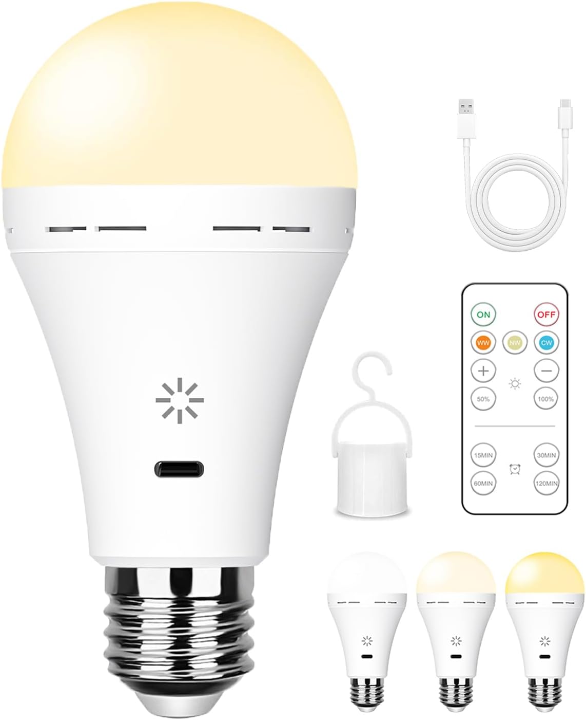 Wiederaufladbare E27-glühbirne Mit Fernbedienung Und Touch-steuerung, 3 Farben, 1 Stück 2600-mah-akku, 7-w-led (700 Lm), Dimmbar, Usb-c-ladeanschluss, 4 Timer-einstellungen, Haken, Für Kabellose Auße