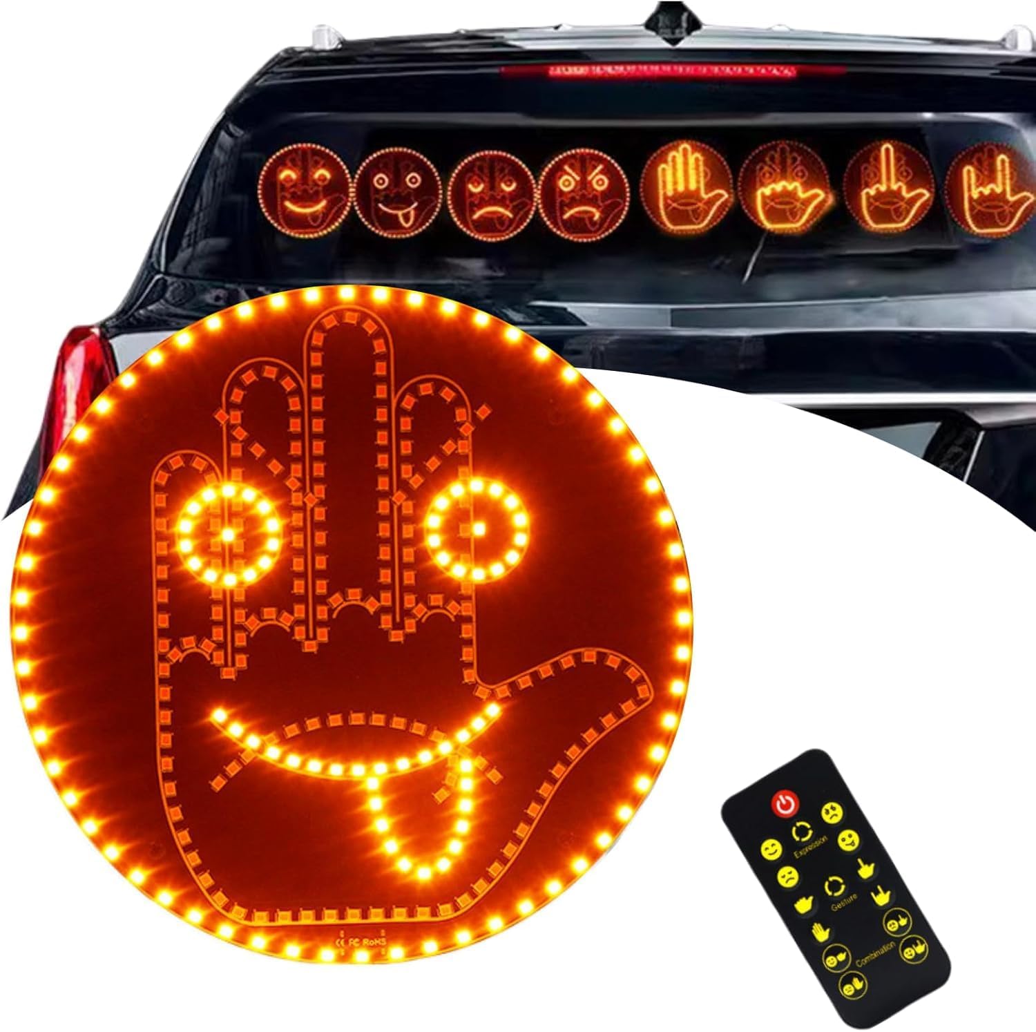 Fingerlicht Und Gesichtsausdrucksanzeige Fürs Auto Zur Selbstdarstellung, Handgestenanzeige, 2-in-1-lampe Mit Lächelndem Gesicht Und Fernbedienung