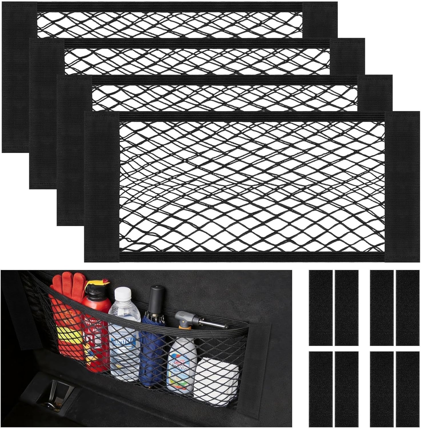 4-teiliges Kofferraumnetz, 50 X 25 Cm Elastisches Aufbewahrungsnetz Mit Klettverschluss, Aufbewahrungsnetz Für Wohnmobile, Zusatzorganisatoren, Geeignet Für Wildleder- Und Hochglanzoberflächen