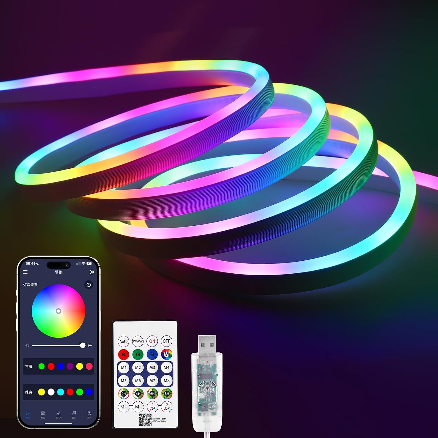 5 M Rgb-ic-neon-led-streifen, Flexibler Usb-5v-streifen Mit Smart-app Und Fernbedienung, Dynamische, Segmentierte Farben, Adressierbarer Led-streifen Für Die Hintergrundbeleuchtung Von Schlafzimmer Un