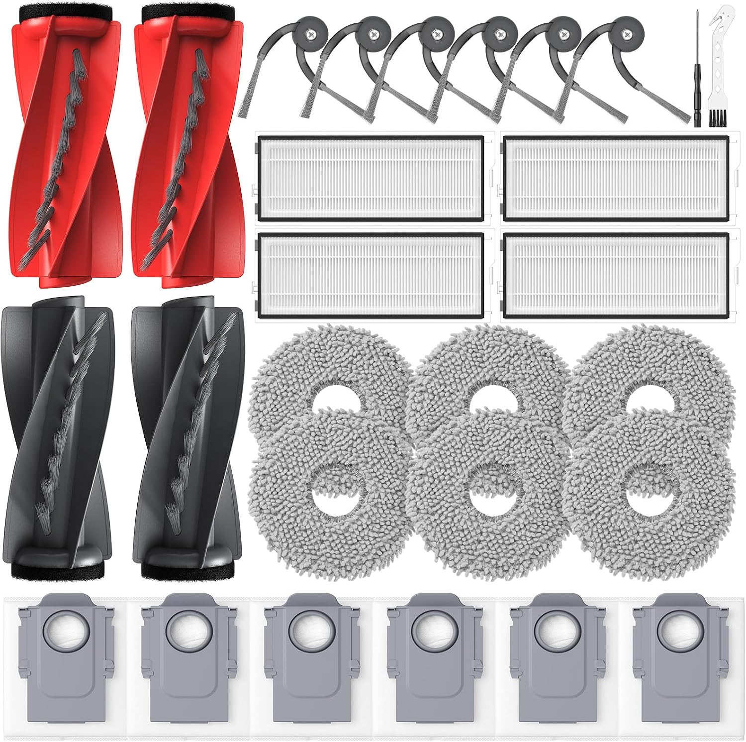 Set Mit 26 Zubehörteilen Für Roborock Qrevo Curv/qrevo Curv S5x/qrevo/qrevo Edge S5v Saugroboter: 2 Hauptbürsten, 6 Staubbeutel, 6 Reinigungspads, 4 Filter, 6 Seitenbürsten