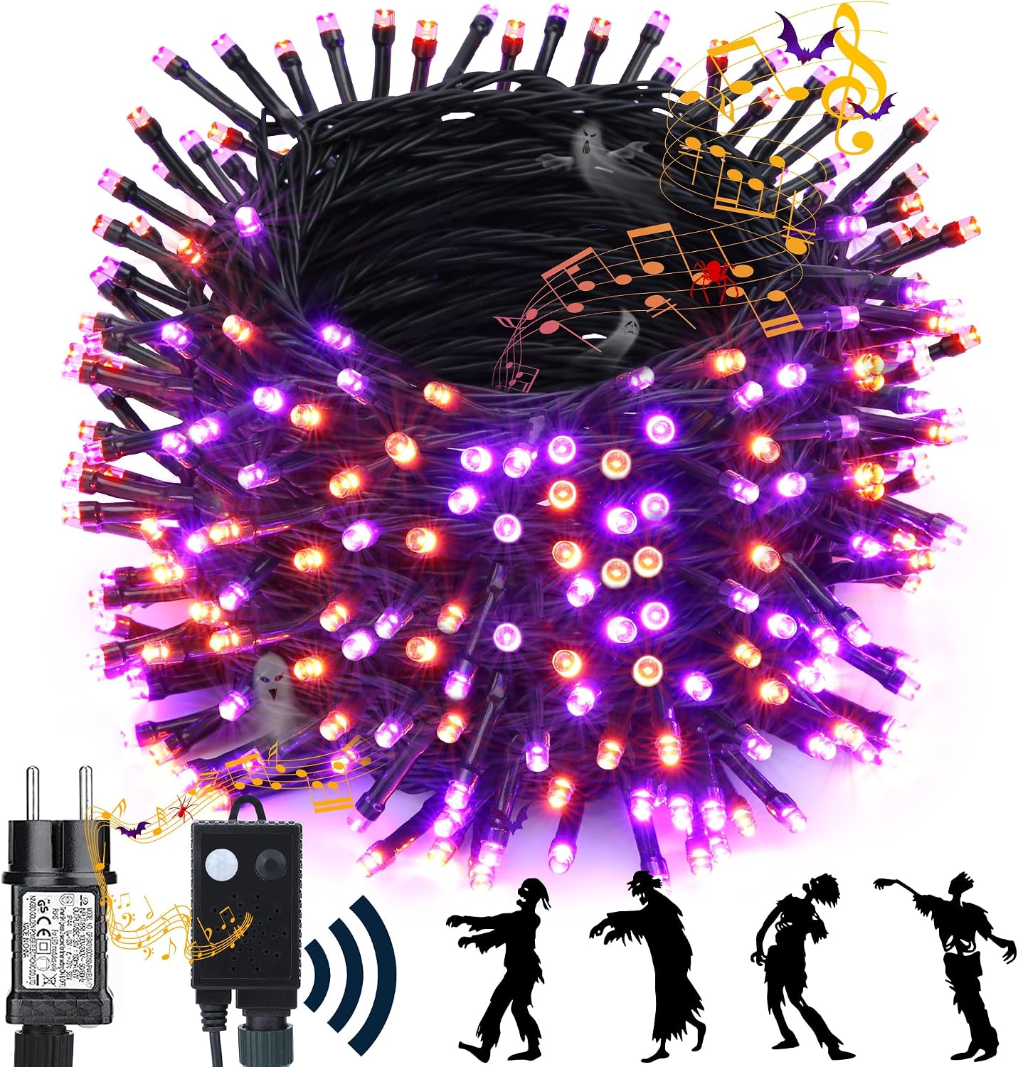 Halloween-außendekoration, Lichterkette Mit Gruseligen Geräuschen, 20 M Lange, Wasserdichte Lichterkette Mit 200 Leds In Orange Und Lila Mit 6 Modi Für Drinnen, Garten, Balkon Und Partys