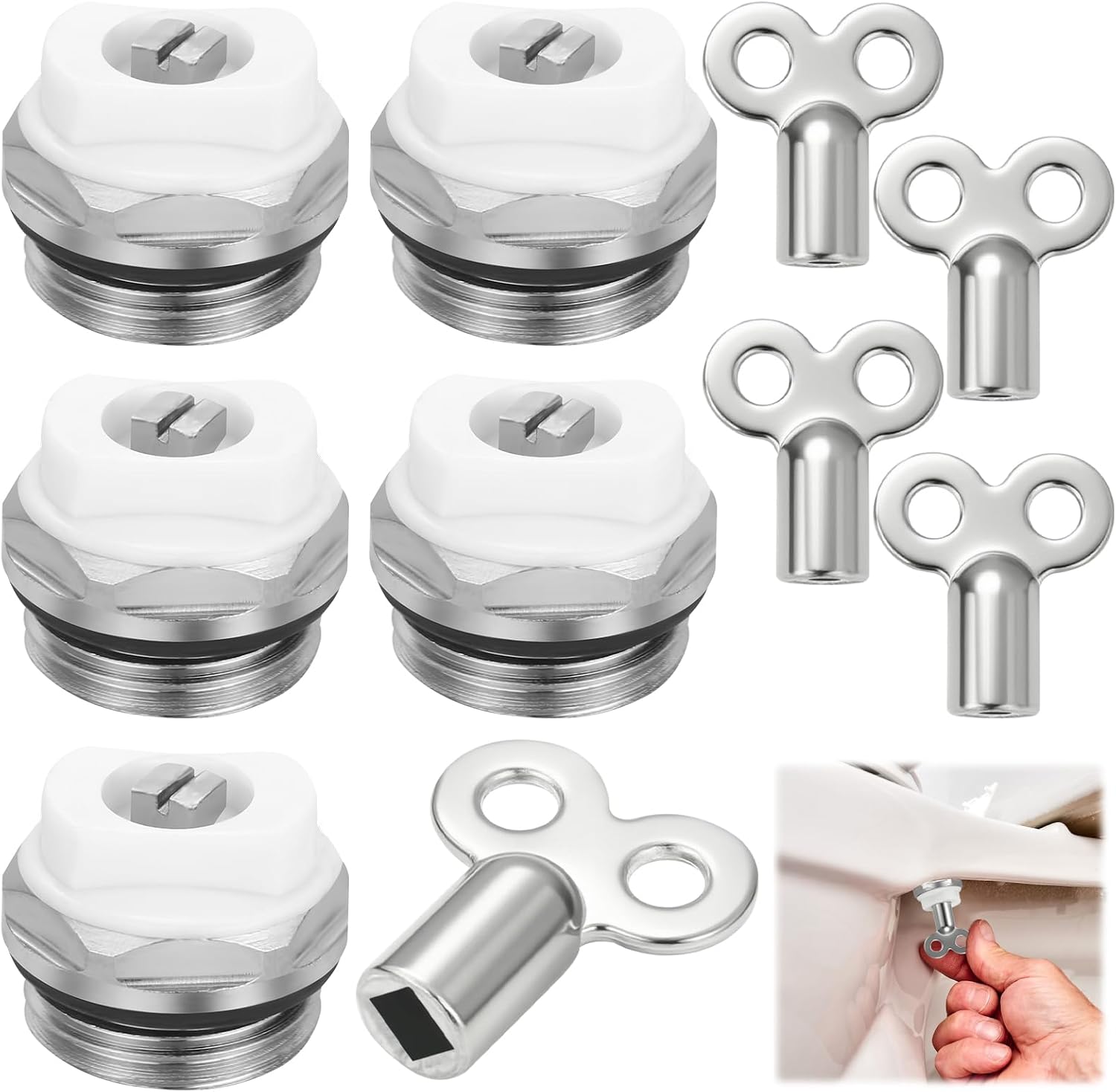 Set Mit 5 Heizkörperentlüftern Inklusive 5 Heizkörperentlüfterschlüsseln, Manuellen Entlüftungsventilkappen, 1/2"-heizkörperentlüfter Aus Messing Für Heizsysteme