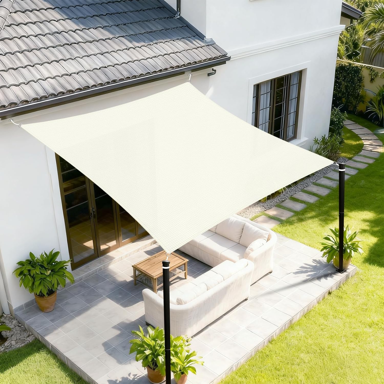 Rechteckiges Sonnensegel (3 X 3 M), Oxford 420d Schattierungsgewebe, Wasserdicht Und Uv-beständig, Für Den Außenbereich, Garten, Terrasse – Creme