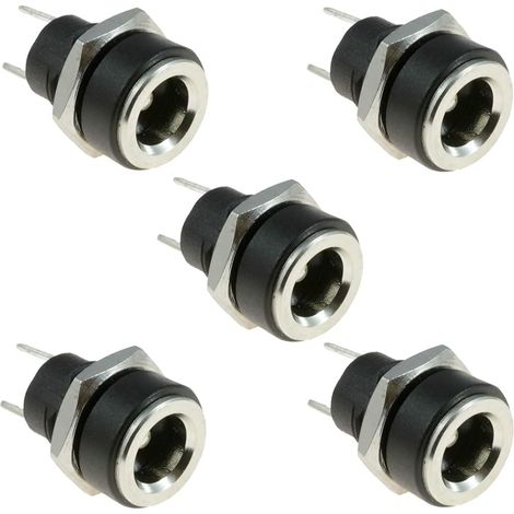 5 Stück Dc-strombuchse (5,5 Mm X 2,1 Mm), 2-polig, Einbaubuchse, Schwarz, 3 A, Mit Gewindemutter