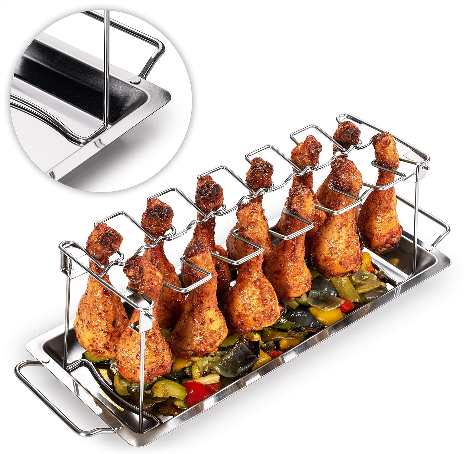 Grillhähnchenständer – Aus 100 % Edelstahl Mit Auffangschale – Ofenfester Grillständer – Hähnchenhalter – Für 12 Hähnchenschenkel – Spülmaschinenfest