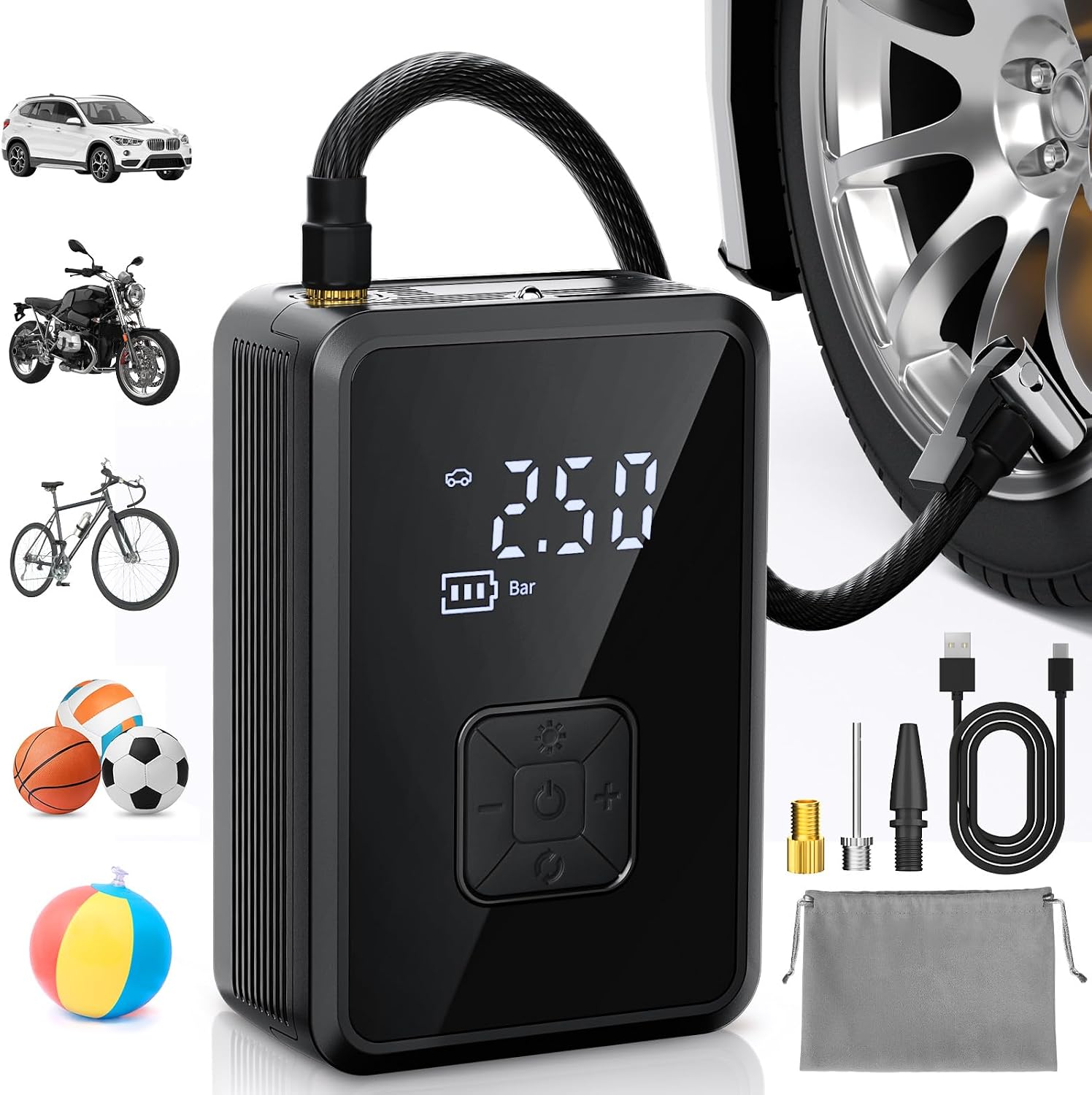 Oasser Akku-autoreifenfüller, Mini-kompressor, Tragbar, 150 Psi (10,3 Bar), Schnellaufblasfunktion, 17-mm-zylinder, Usb-typ-c-ladeanschluss, 30-cm-schlauch Und Aufbewahrungstasche