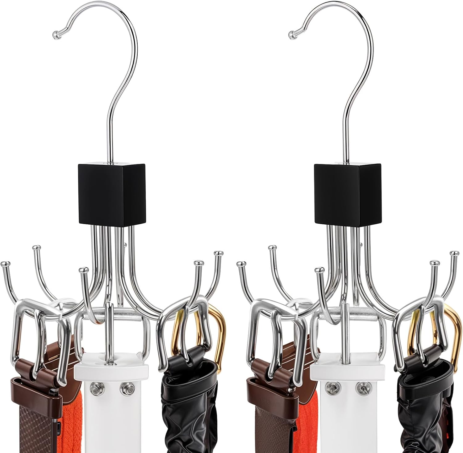 Set Mit 2 Drehbaren Gürtelhaltern (360°), Platzsparender Gürtelorganizer Für Den Kleiderschrank, Vielseitiger Krawattenhalter Mit 6 Haken, Praktisches Accessoire Für Den Kleiderschrank