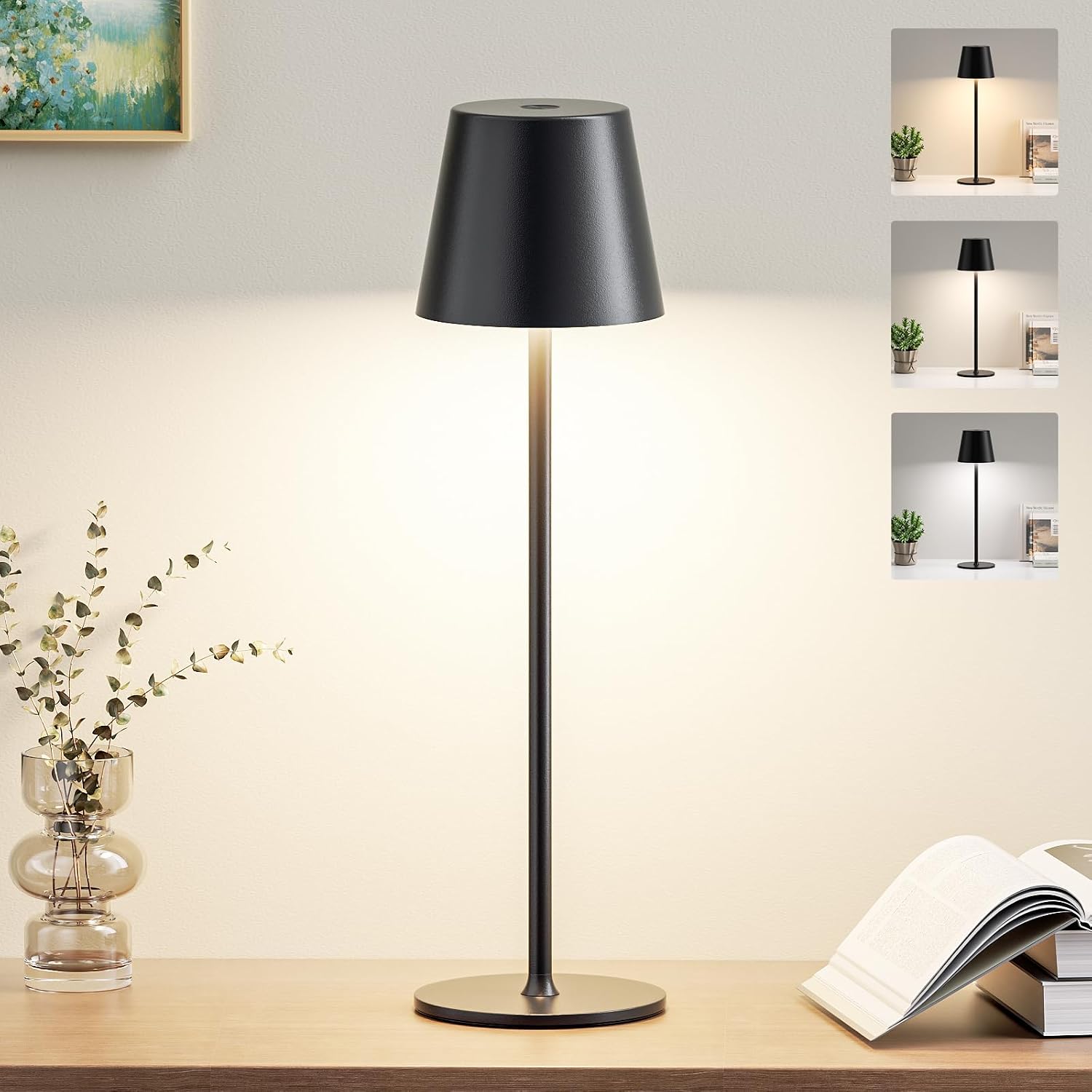 Kabellose Touch-nachttischlampe, 3 Farbtemperaturen, Dimmbar, Wiederaufladbare Led-tischlampe Für Schlafzimmer, Wohnzimmer, Camping, Garten, Café, Outdoor-bereich (schwarz)