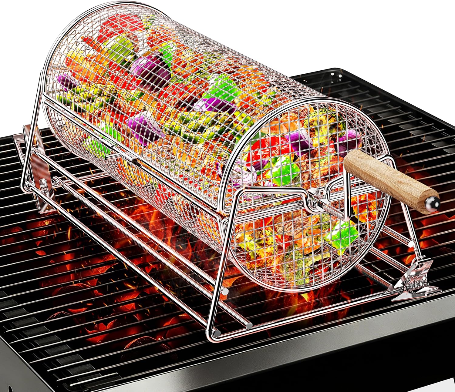 2-in-1 Drehbarer Grillkorb Aus Edelstahl 304 Mit Abnehmbaren Doppelgriffen (kurbel Und Gerader Griff), Grillzubehör Für Gemüse Und Garnelen, Geschenkidee Für Männer, Väter, Ehemänner Und Zum Geburtsta