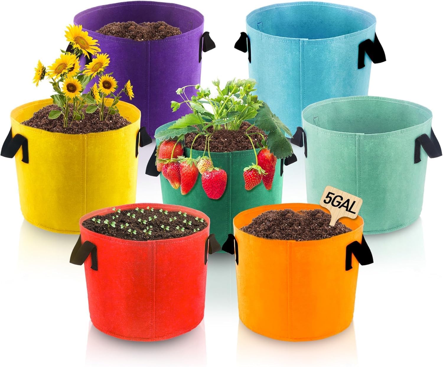 7-teiliges Set 5-gallonen-pflanzsäcke, 7 Farben, Verdickte, Atmungsaktive Vliesstoff-pflanzsäcke Mit Wurzelbelüftung Und Griff Für Blumen, Gemüse Und Obst
