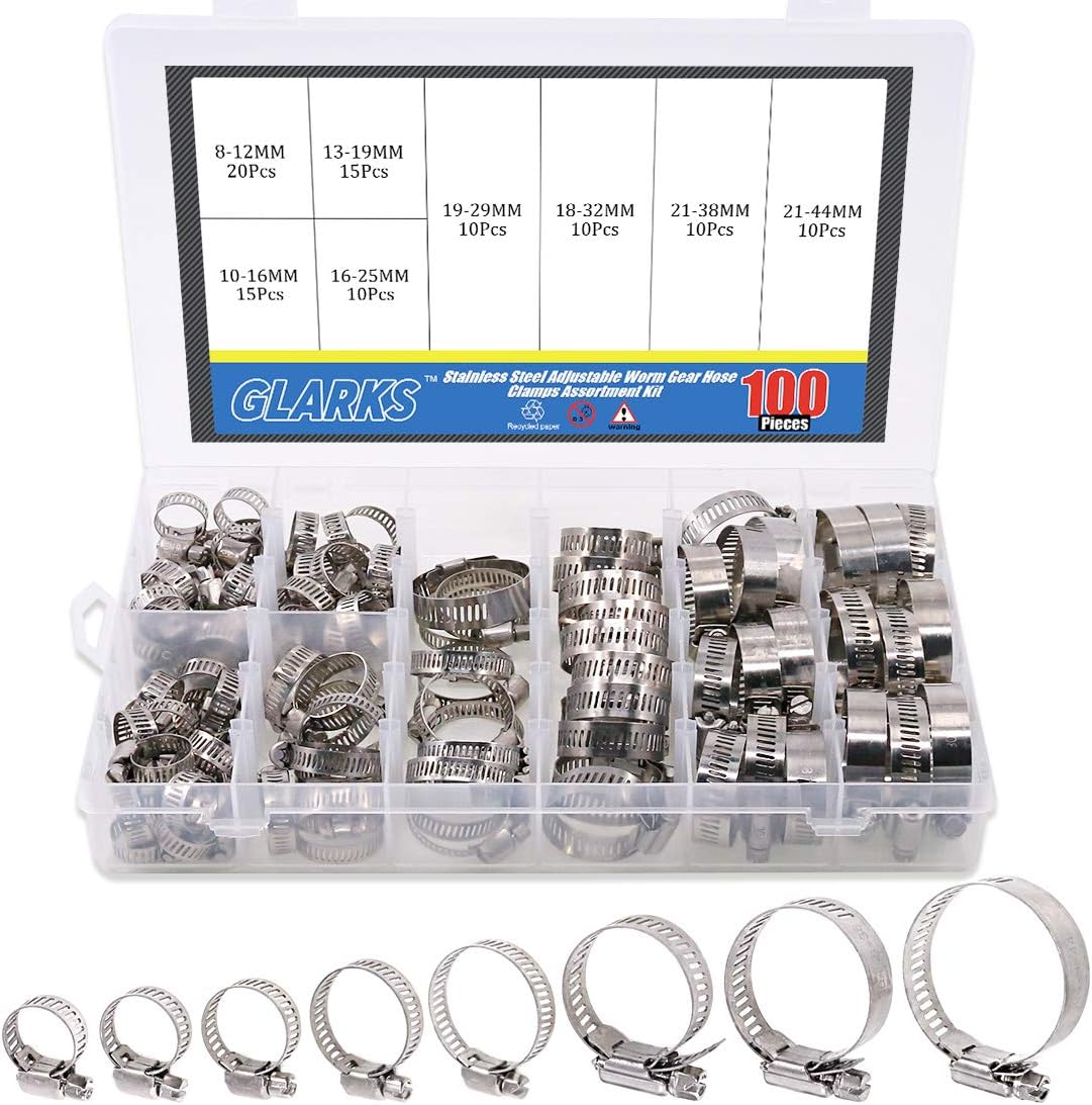 Packung Mit 100 Verstellbaren Schlauchschellen Aus Edelstahl 304 Von 8 Bis 44 Mm Für Wasserleitungen, Sanitärinstallationen, Automobil- Und Maschinenbauanwendungen (schlauchschellen-set)