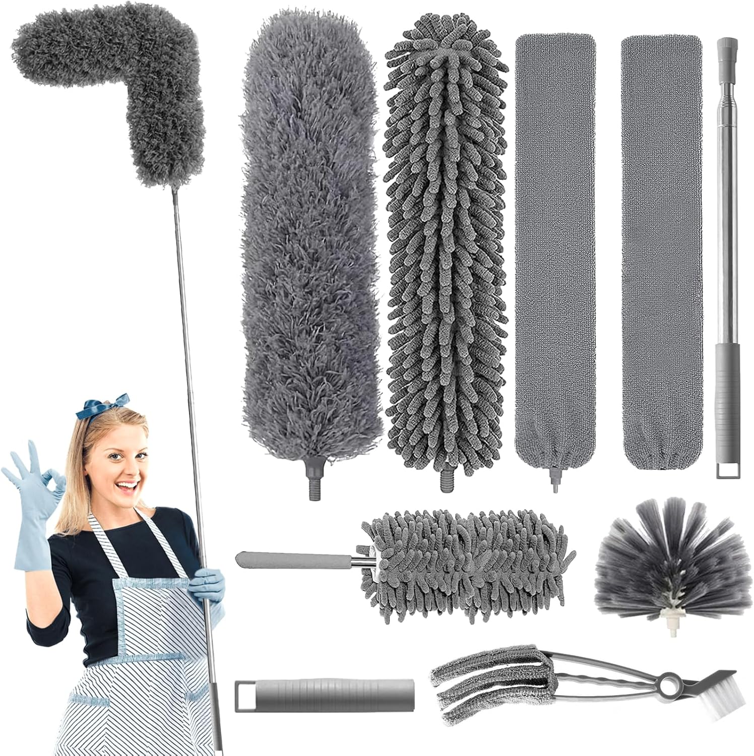 9-teiliges Teleskop-staubwedel-set Mit Waschbaren Mikrofaserpads, 2 M Reichweite, 360° Drehbarem Kopf, Anti-spinnweben-funktion, Für Decken, Jalousien, Autos, Möbel Und Schwer Zugängliche Ecken