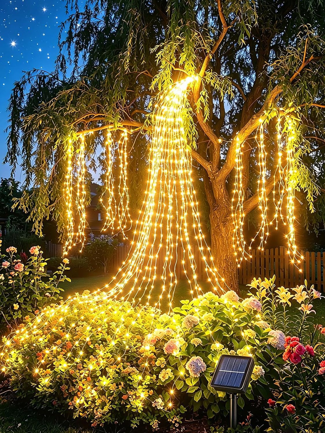 Solar-lichterkette, 2 M, 200 Leds, Mit Transformator, Timer, 8 Beleuchtungsmodi, Wasserdicht, Wasserfall-lichterkette Für Tisch, Wand, Terrasse, Garten, Pflanzen, Balkon, Außendekoration