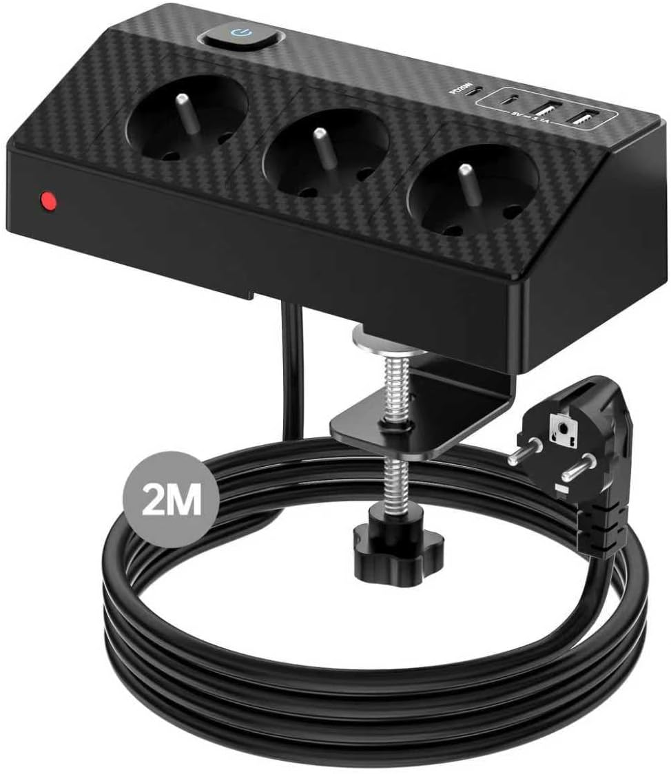 Passus 7-in-1 Tischsteckdosenleiste Mit 3 Französischen Ac-steckdosen, 4 Usb-anschlüssen (davon 20w Usb-c Pd), Schalter, Überspannungsschutz, 2m Kabel, 4000w/16a Steckdosenleiste Für Zuhause Und Büro