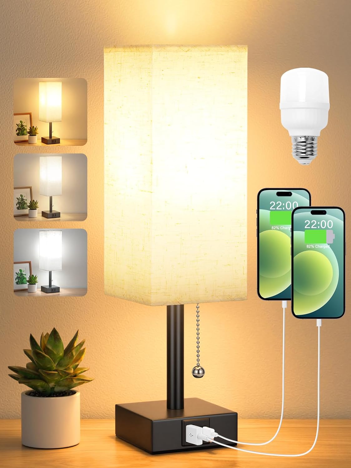 Nachttischlampe Mit 3 Farbtemperaturen (3000/4000/5000 K), Usb-a- Und Usb-c-ladeanschlüssen, Led-leuchtmittel, Zugschalter, Tischlampe Für Schlafzimmer, Wohnzimmer, Büro, Kinderzimmer, Hotelzimmer
