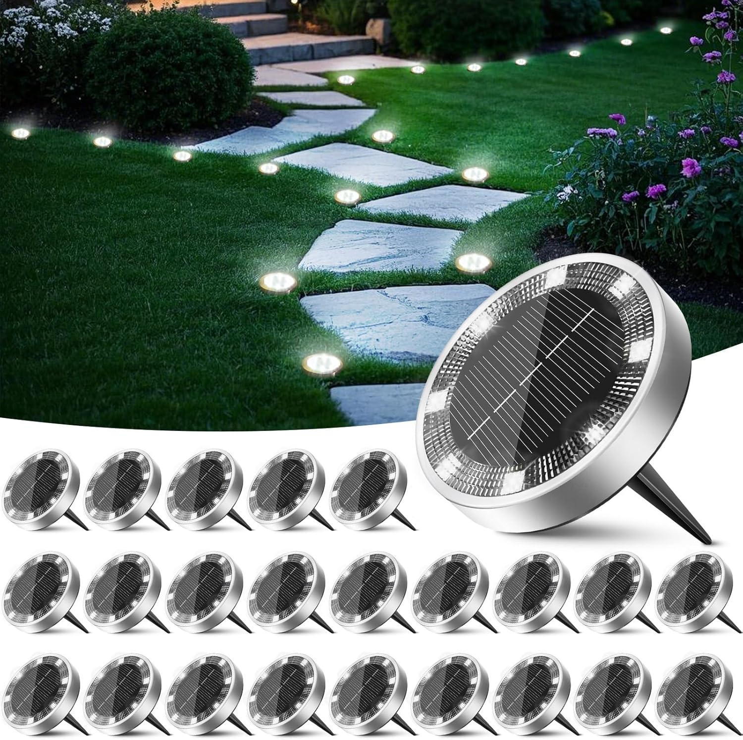 Peasur Solar-bodenleuchten, 24er-pack, Solar-gartenleuchten Für Den Außenbereich Mit 8 Leds, Wasserdichte Solar-strahler Für Wege, Einfahrten, Rasenflächen, Terrassen, Höfe Und Pools [kaltweiß]