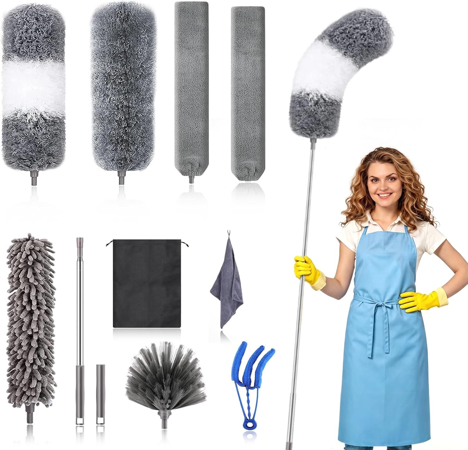11-teiliges, Waschbares Teleskop-staubwedel-set, 252 Cm Langer Teleskop-wolfskopf Mit Flexiblen Eckbürsten, Staubentferner Für Ritzen Und Spinnweben-staubwedel Für Decken, Möbel Und Jalousien