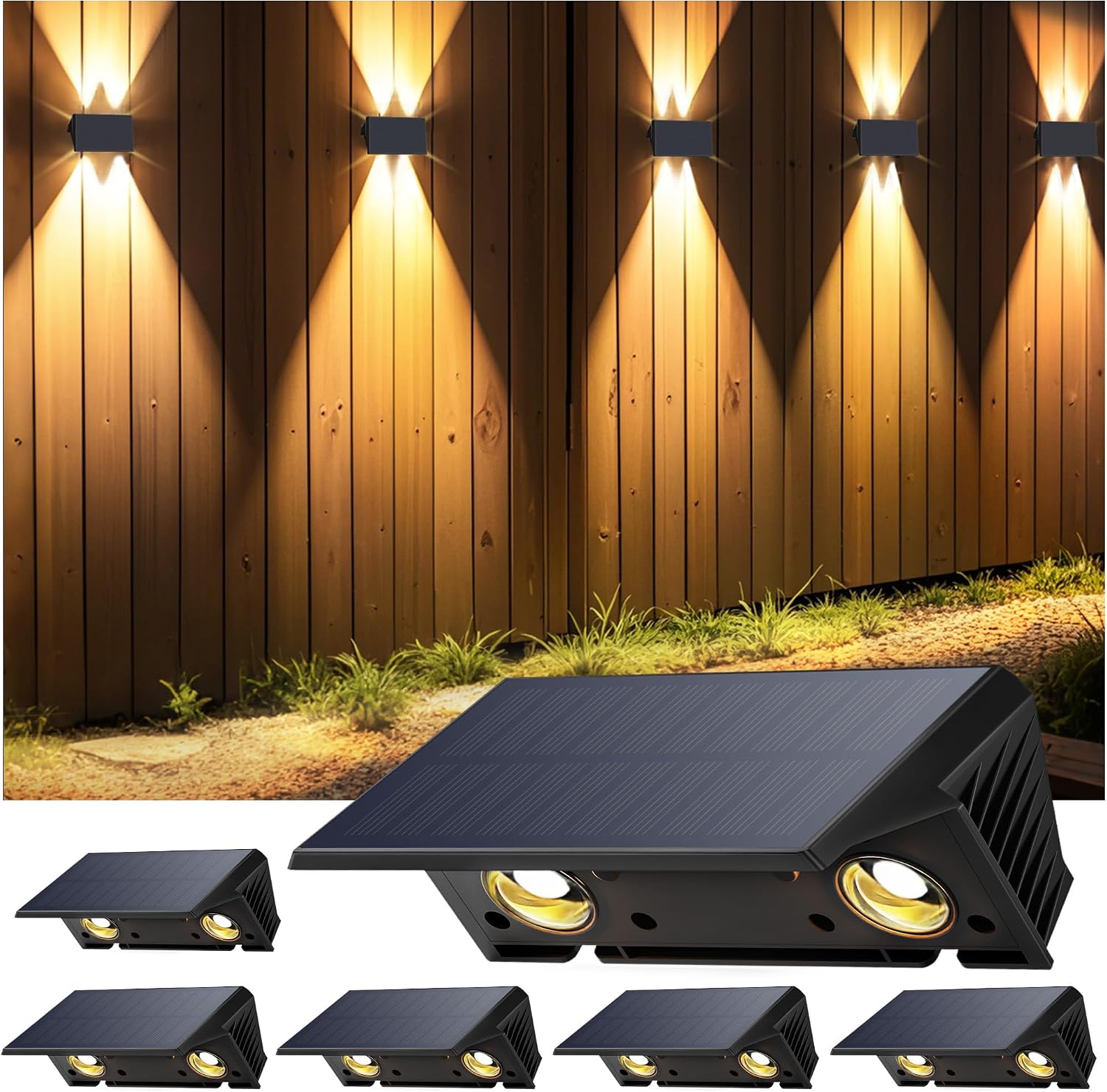 Solar-wandleuchte Für Den Außenbereich, 6-teiliges Set, Nach Oben Und Unten Gerichtet, Warmweißes Licht, 1500 Mah Solar-wandleuchte, Ip67 Wasserdicht, Kabelloser Strahler, 100 Lumen Für Gartenzäune
