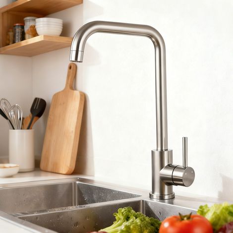 Ocean Küchenarmatur, Einhebelmischer, Edelstahl 304, 360° Drehbar, Hoher/schwenkbarer Auslauf, 7-form, Gebürstete Oberfläche