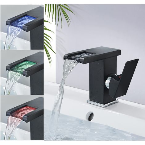 Schwarzer Led-waschtischarmatur Mit Wasserfallfunktion – Einhebelmischer Aus Messing – Warm- Und Kaltwasser – Offener Auslauf Für Sanften Wasserstrahl