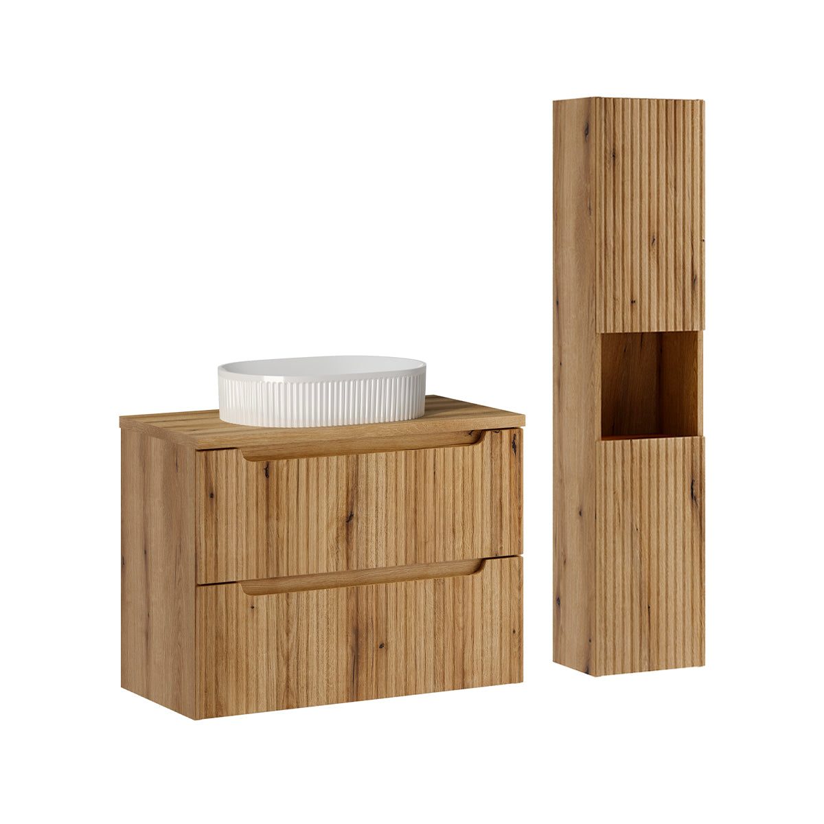 Waschtisch Set Einzelwaschbecken 80cm 2 Schubladen Und Hochschrank Riva Holz