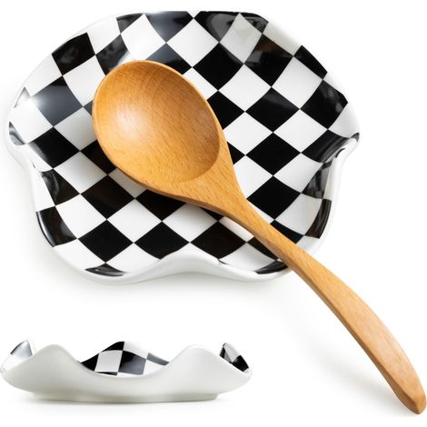 Lot Von 2 Repose-cuillères De Cuisine Et Plateaus À Bijoux En Céramique 2 En 1, Damier-motiv, 13 Cm.