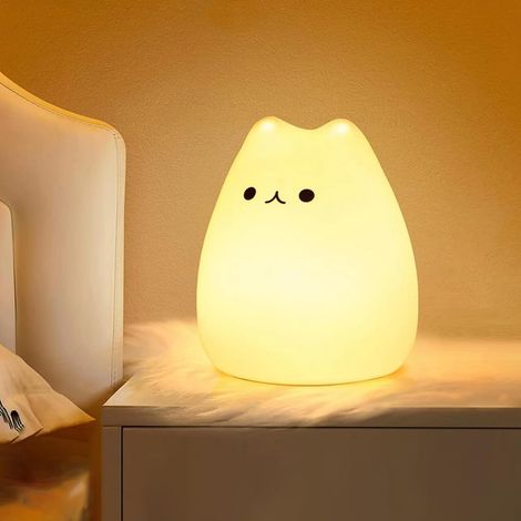 Veilleuse Pour Enfants, Motiv Chat Mignon 7 Farben, Wiederaufladbar, Kopflampe Aus Silikon, Taktile Bedienung.
