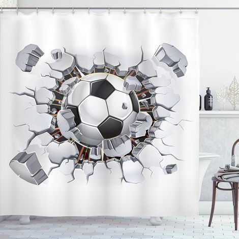 Illustration Eines Fußballballons Aus Einer Alten Wand Auf Einer Platte – Gesamtheit Der Badezimmerdekoration Auf Stoff Mit Häkelarbeit – 180 Cm (l) X 200 Cm (l) – Weiß, Grau Und Schwarz