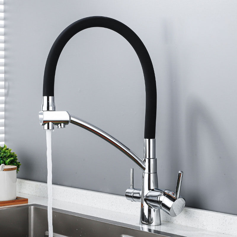 3-wege-küchenarmatur, Flexible Mischbatterie, 360° Verstellbarer Trinkwasser-spültischhahn (doppelgriff), Messinggehäuse, Versilbert/schwarz Plattiert