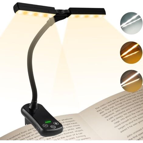 Doppelkopf-leseleuchte, Über Usb Wiederaufladbare Klemmlampe, 360° Flexible Nackenlampe, 3 Farben Und Stufenloses Dimmen, Bis Zu 80 Stunden, Tragbar Zum Lesen Und Reisen