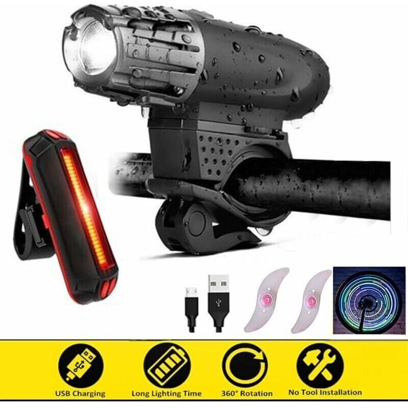 Fahrradbeleuchtung Vor Und Nach Der Ankunft, Wiederaufladbare Led-fahrradlampe Mit Usb-kabel, 4 Einstellbare Modi + 2 Kostenlose Fahrradbeleuchtungen