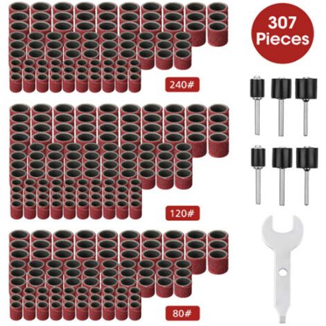 307-teiliges Trommelschleifer-set, Schleiftrommel-set – 300 Stück Schleifbandhülsen (80/120/240) + 6 Stück Trommeldorne Für Rotationswerkzeug + 1 Kombischlüssel