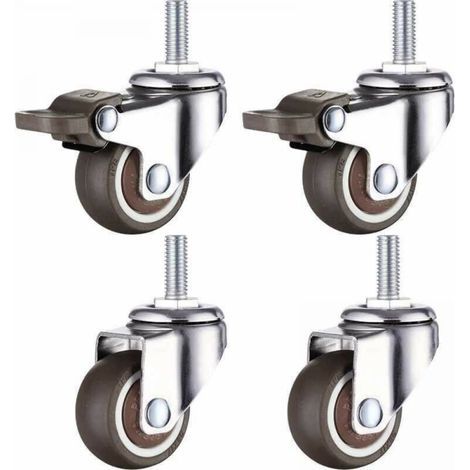 Set Mit 4 Kleinen Möbelrollen – 25 Mm – Weiches Tpe-gummi – M6 X 15 Mm – Gewinde (2 Stück Mit Bremse) (25 Mm)