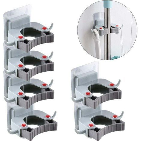 Porte Balai Adhesive Balai Crochet Mur Monté Mop Et Suppor Pour Placard Rateaux Jardin Rangement De Garage 6 Pièces-