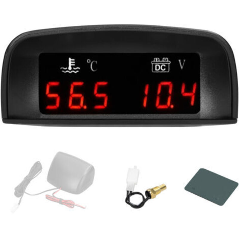 2-in-1-automessgerät, Wassertemperatur-voltmeter, Led-digitalanzeige Mit Alarm, Einfache Installation, Hohe Festigkeit, Sonnenblenden-design, 12–24 V, 1/8 Sensor