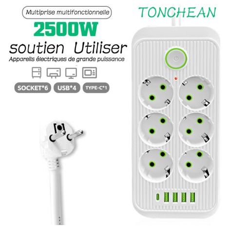 Multiprise Electrique, Block 6 Prisen 2500w 10a 230v Mit 4 Ports Ladegerät (4 Usb A+1 Usb C) Prize Multi Parasurtenseur Parafoudre Und Surtension Mit Unterbrechungskabel 2m-blanc