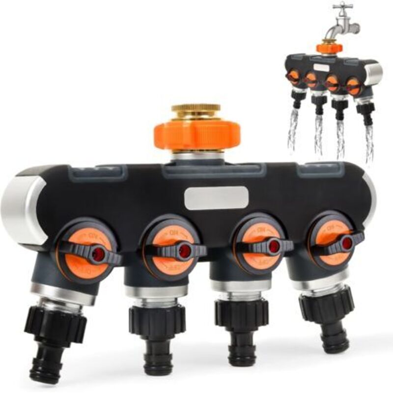 Pr Répartiteur En 4 Voies - Wasserverteiler 3/4" Und 1/2" Mit Vanne Robinet Zum Gleichzeitigen Anschluss Von 4 Geräten, Debit D'Eau Réglable, Adaptateur Pour Arroser Le Jardin