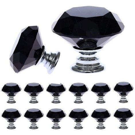 12 Pièces Noir Cristal Verre Meuble Poignées (30 Mm), Bouton De Meuble Avec De Taille, Bouton De Porte, Tiroir De Poignée, Poignée De Portes Pour Cuisine, Bureau, Chambre, Placard
