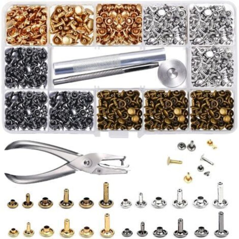 Pr Rivets En Cuir 480 Ensemble 3-tailles Double Rivet Goujons Röhren Aus Metall Mit 3 Stück Befestigungs- Und Stanzwerkzeug Für Handwerker Und Diy-ersatznieten 4 Farben
