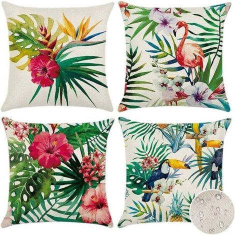 Housse De Coussin Extérieur Lot De 4 Undurchlässiges Motiv Tropical Plantes Fleurs Oiseaux Pour Salon Jardin Patio 45x45cm