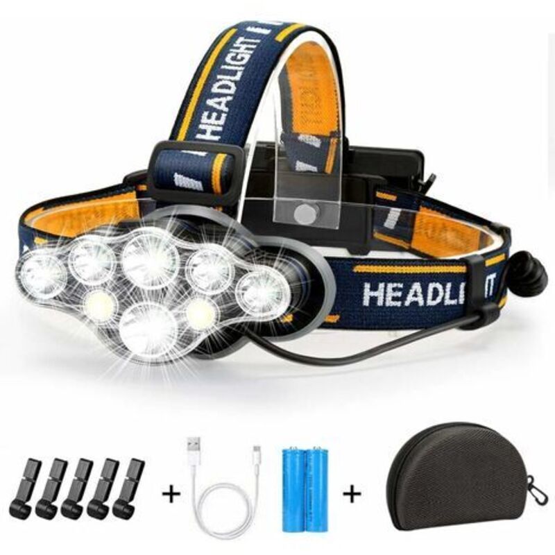Wiederaufladbare Led-stirnlampe 18.000 Lumen – Ipx4 Wasserdicht – 8 Leuchtmodi – Reichweite Bis Zu 800 Meter – Mit 2 Wiederaufladbaren Batterien