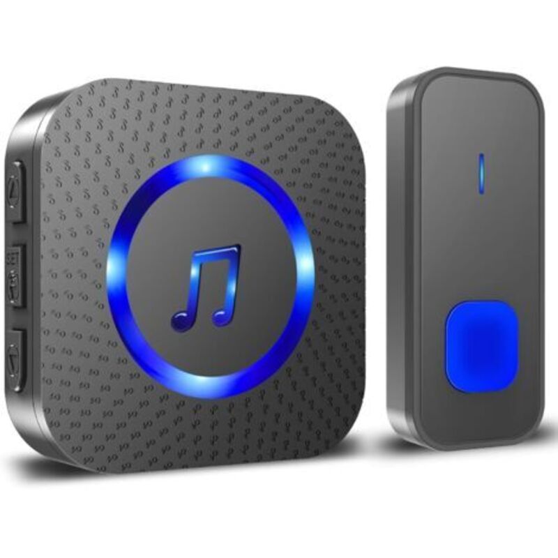 Pr Sonnette Sans Fil, 300m Sonnette Longue Portée Étanche Carillon Electronique, Kit De Carillon Avec Recepteurs Enfichables Pour La Maison, 55 Mélodies Au 5 Niveaux Volumes, Led Bleu Noir