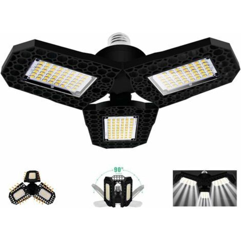Led-leuchte Für Die Garage, 60 W, Verformbare Deckenlampe E27 Mit 3 Verstellbaren Lampen, Ultrahelles 6000 Lm Weißes Weiß, Für Garage Atelier Entrepôt Sous-sol Couloir Stade [energieklasse A+