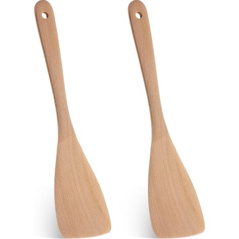 Ensemble Aus Zwei Pfannenwendern In Holz, Gebräuchlich In Der Wokpfanne, In Der Pfanne Und Auf Verschiedenen Tellern.