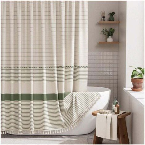 Rideau De Douche, Ensemble De Rideau De Douche Im Modernen Ferme-stil Mit Drüsen, Rideau De Douche In Leinenimitat Aus Rustikalem Rayé Mit Häkelarbeiten, Kastanienbraun Mit Grünen Nuancen, 72 X 72 S