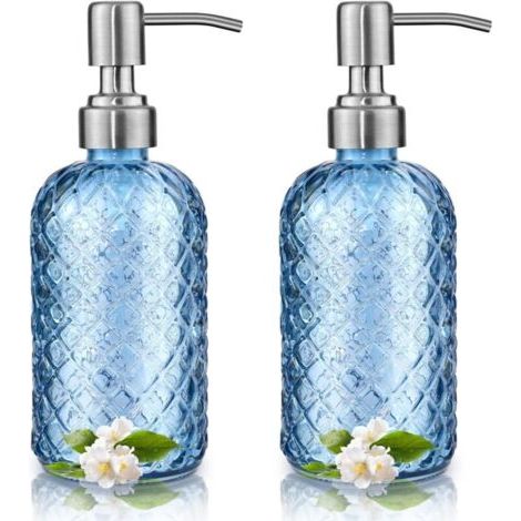 Lot Von 2 Distributoren Von Savon En Verre 350 Ml Bleu Pompe Und Acier Inoxydable 304, Wiederaufladbar Für Salle De Bain Et Cuisine