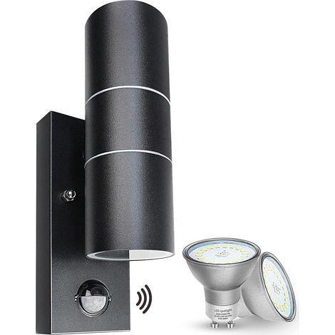 Led-außenwandleuchte Mit Pir-bewegungsmelder, Ip44, Schwarz, Mit 2 Gu10-leuchtmitteln À 5 W, Warmweiß/3000 K